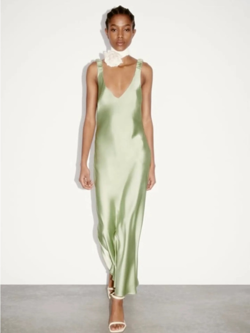 Zara Satin Midi Slip Dress in Light Green